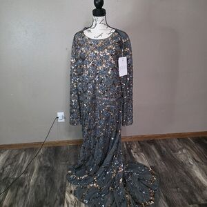 Gray Embellished Illusion High Neck Long Sleeve A Line Gown